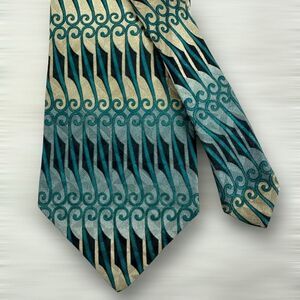 Valentine Pietro Men's XL 100% Silk Neck Tie Blue Green Retro Geometric‎ Print